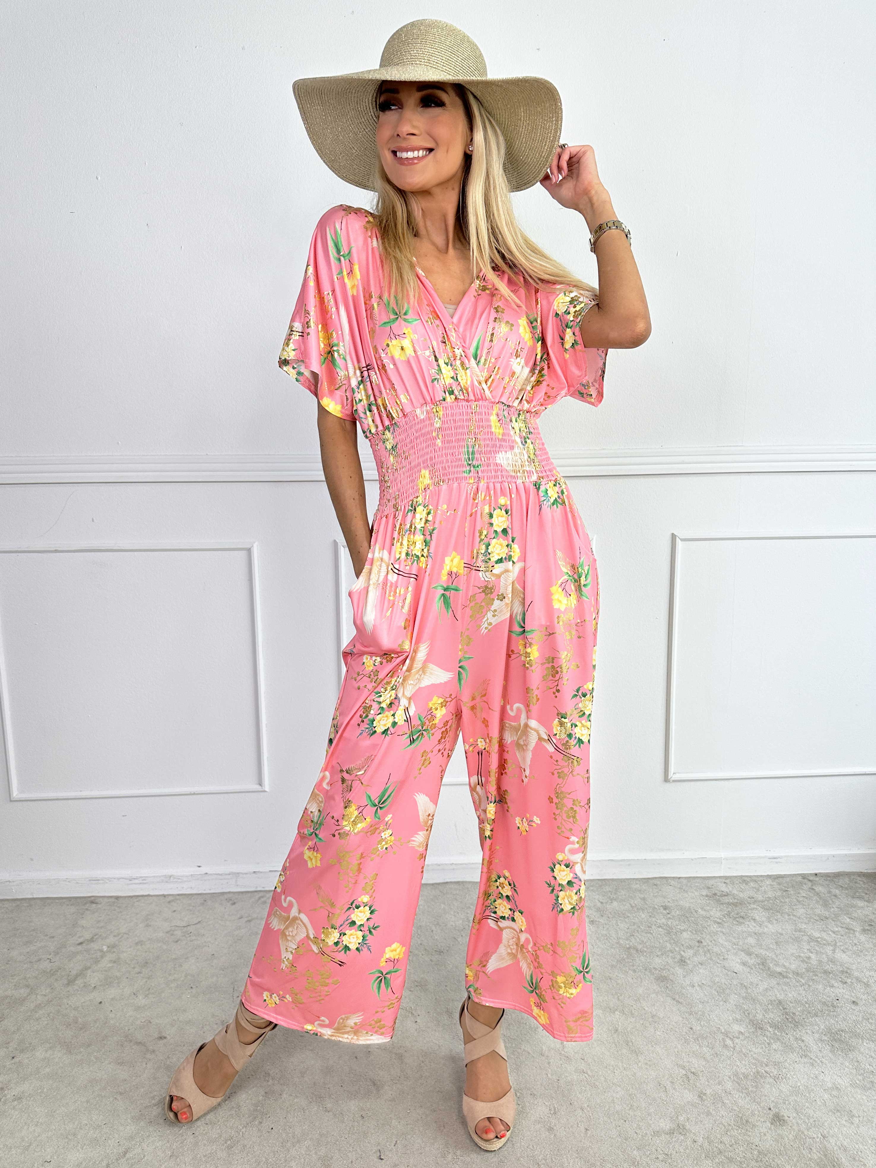 Pams Fly Jumpsuit - Elastisk buksedragt med blomster- og fugleprint